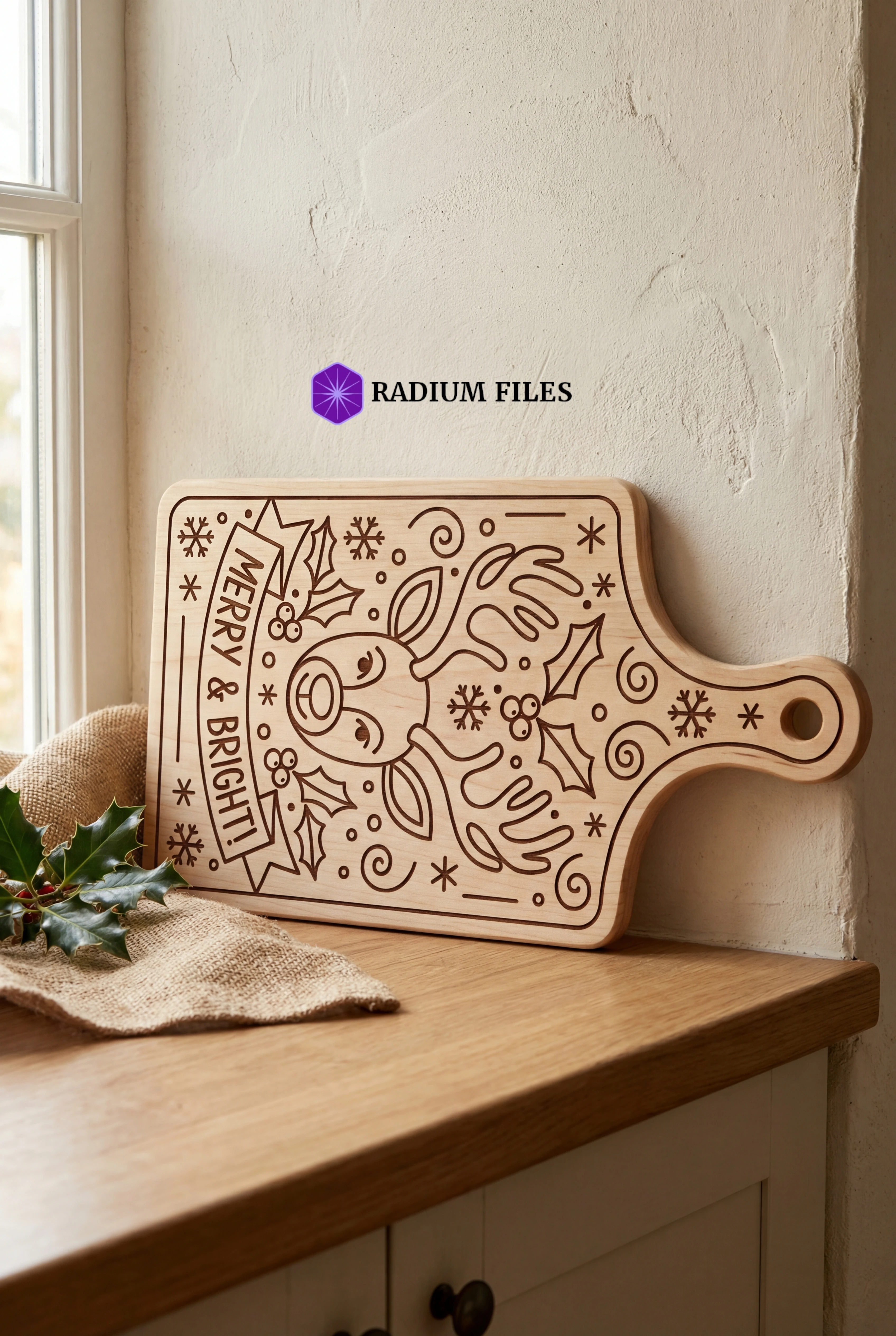 Merry & Bright Reindeer Engraved Cutting Board Design(DigitalFile)-Laser Engraving,Laser Cutting-SVG,DXF,AI,PDF